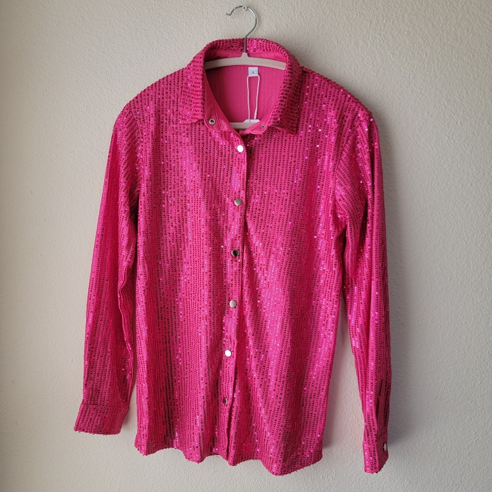 Pink Sequin Button Up Sleeve